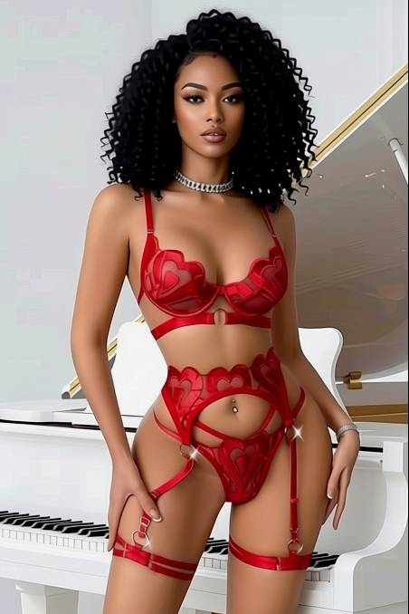 Red heart lace bra set
