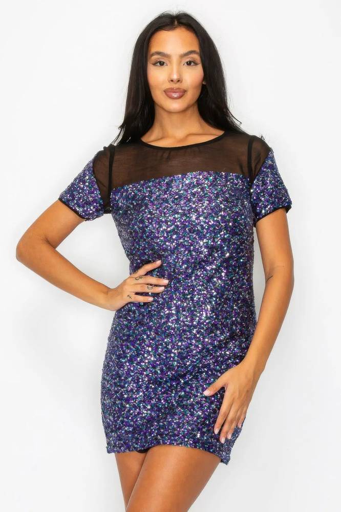Sequin mesh cap-sleeve mini